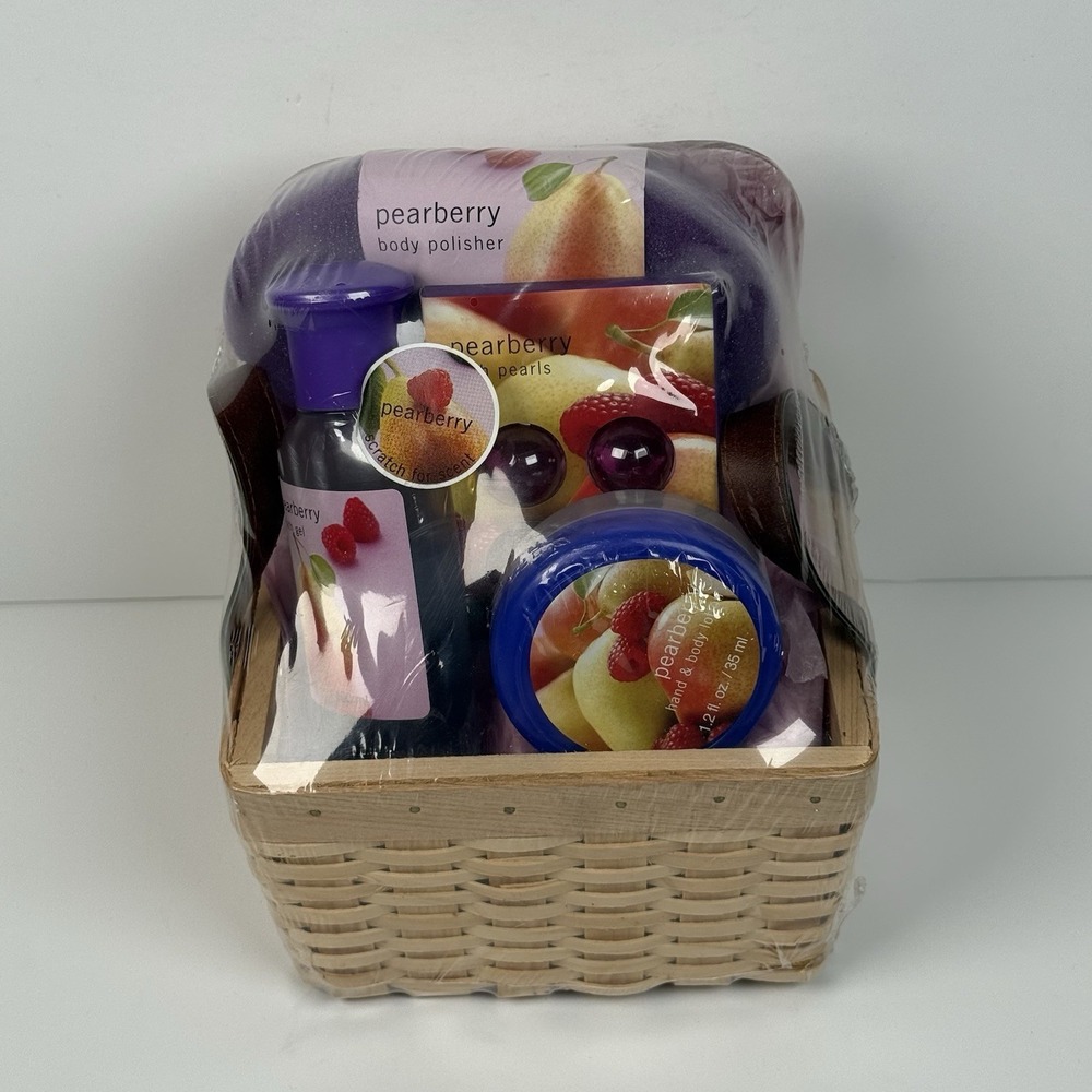 Pearberry Set Fruit In Woven Basket Lotion Bath Shower Gel Pearls Body Polisher